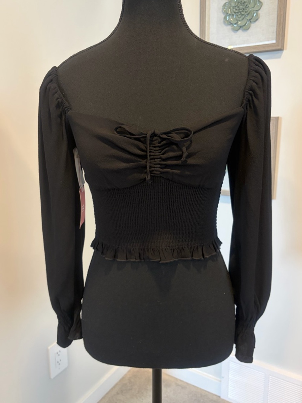 Aritzia Sunday Best Black Smocked Long-Sleeve Crop Top with Puff Sleeves NWT!